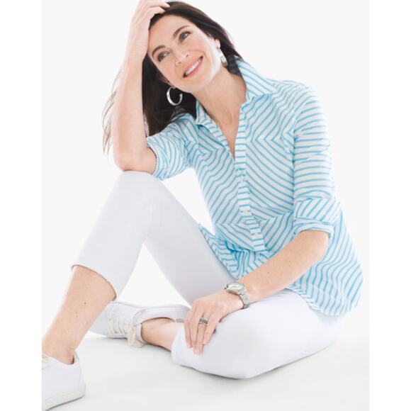 Chico's Shirt 1 M No Iron Box Striped Long Sleeve Button‎ Down Cotton Blue White - Picture 3 of 15